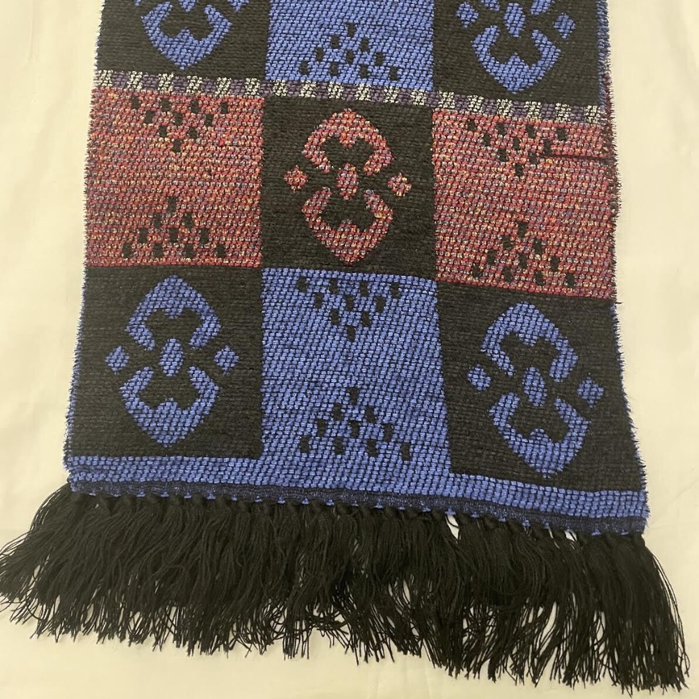 V. Fraas Chenille Blue Patchwork Black Fringe Scarf 64 X 14 Made in Germany
